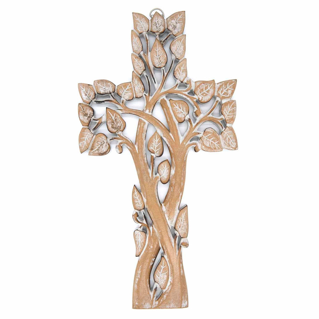 Whitewash Tree Cross with Leaves-Siesta Crafts
