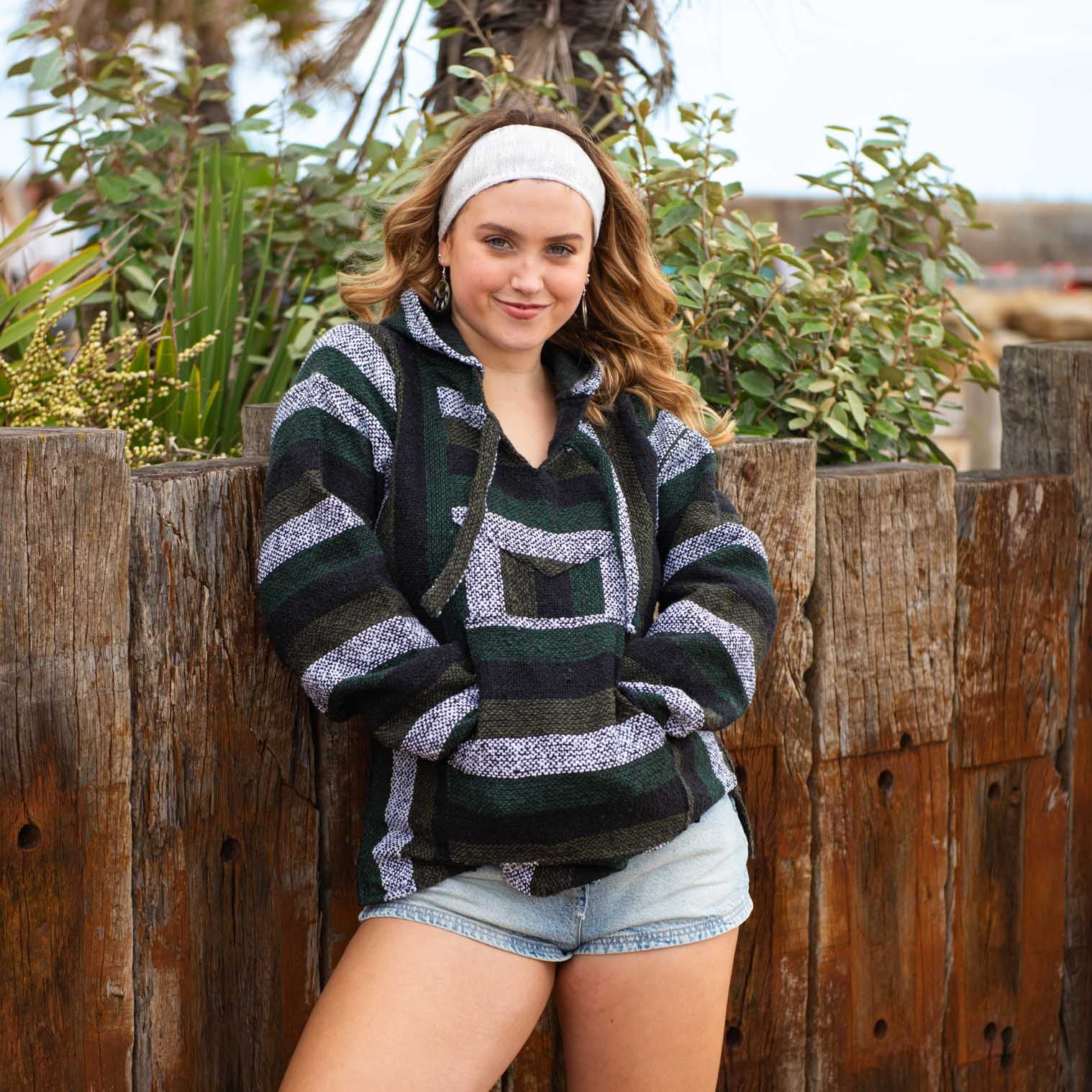 Mexican Baja Jerga Hoodie — Maroon, Black & White Stripe, Hippie Festival Wear, Cotton-Acrylic Blend
