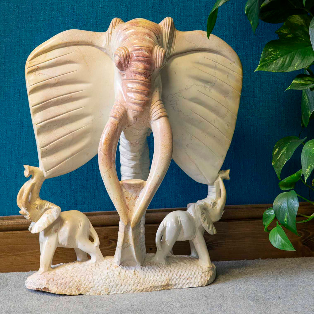 Soapstone Elephant Trunk Sculpture with Babies-Siesta Crafts