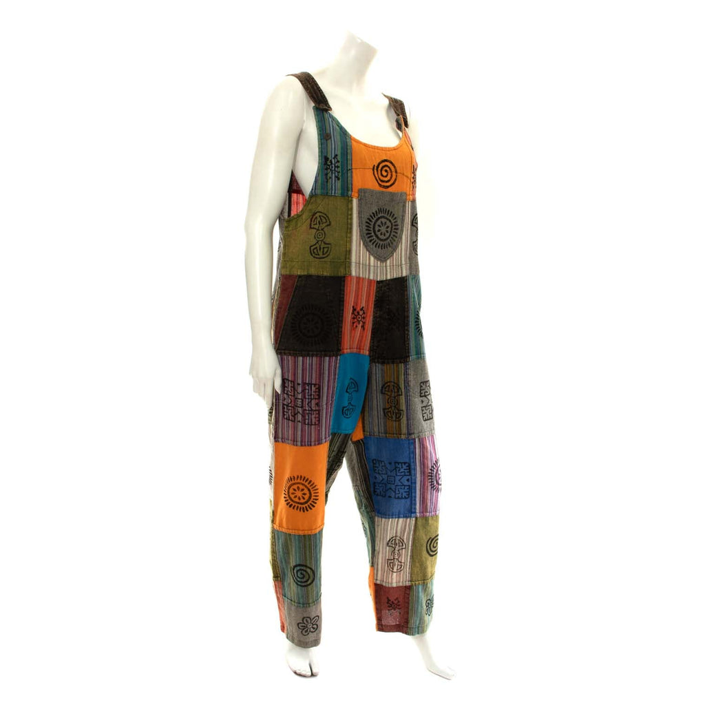 Patch Stonewash Block Print Dungarees-Siesta Crafts