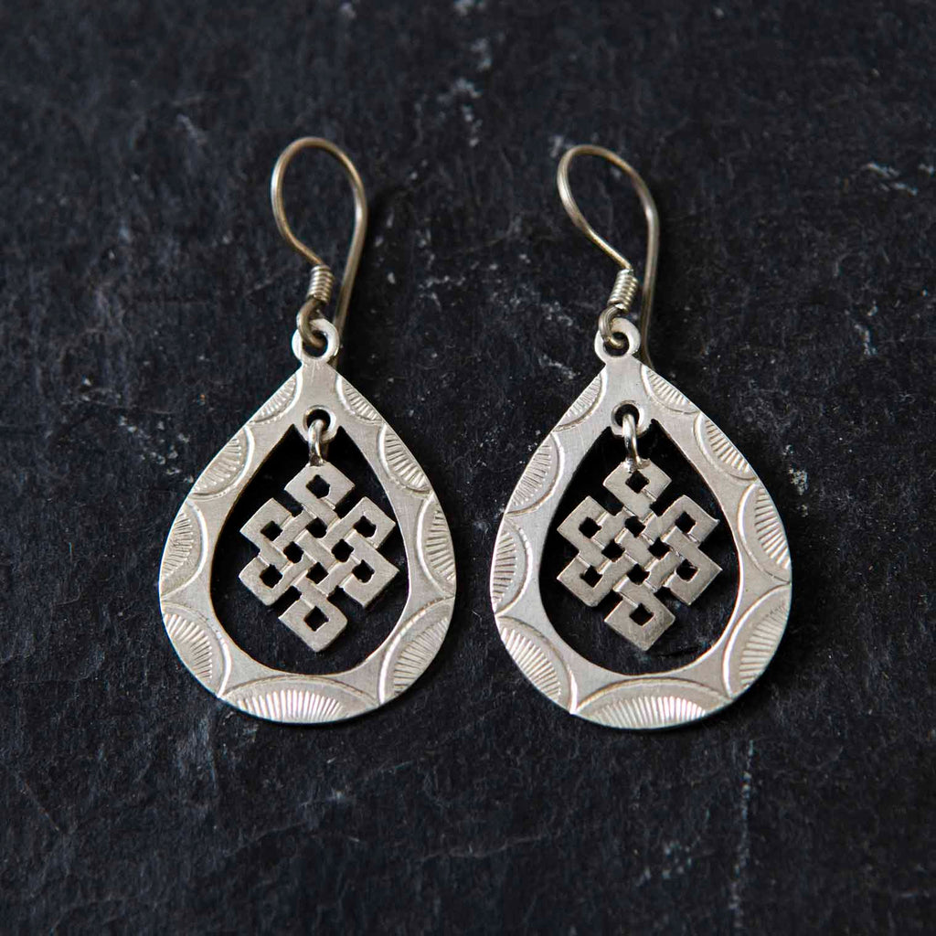 Endless Knot Tear Drop Silver Earrings-Siesta Crafts