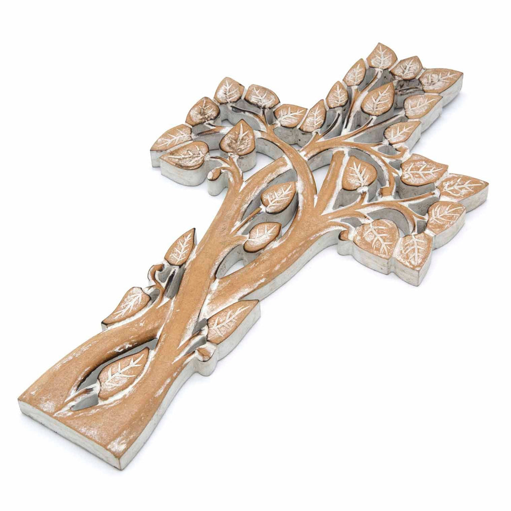 Whitewash Tree Cross with Leaves-Siesta Crafts