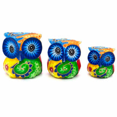 Psychedelic Trio of Owls Woodcarving-Siesta Crafts