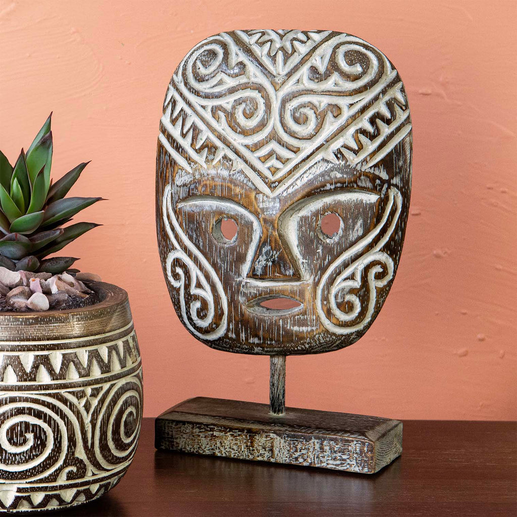 Tribal Style Hand Carved Mask on Stand-Siesta Crafts