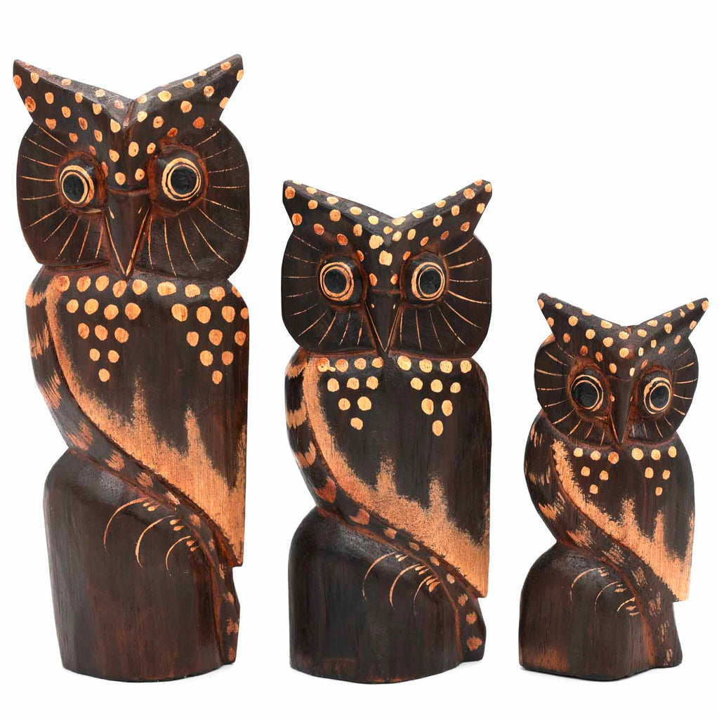 Set of Three Owls on a Branch - Brown
