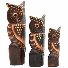 Set of Three Owls on a Branch - Brown