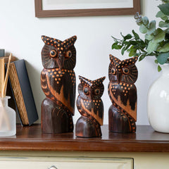 Set of Three Owls on a Branch - Brown