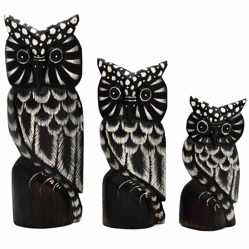 Set of Three Owls on a Branch - White