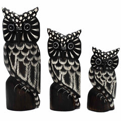 Set of Three Owls on a Branch - White