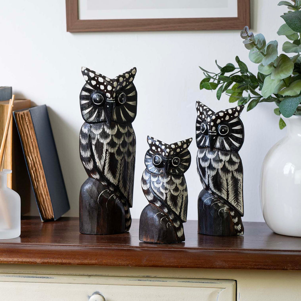 Set of Three Owls on a Branch - White
