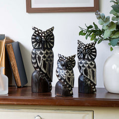 Set of Three Owls on a Branch - White