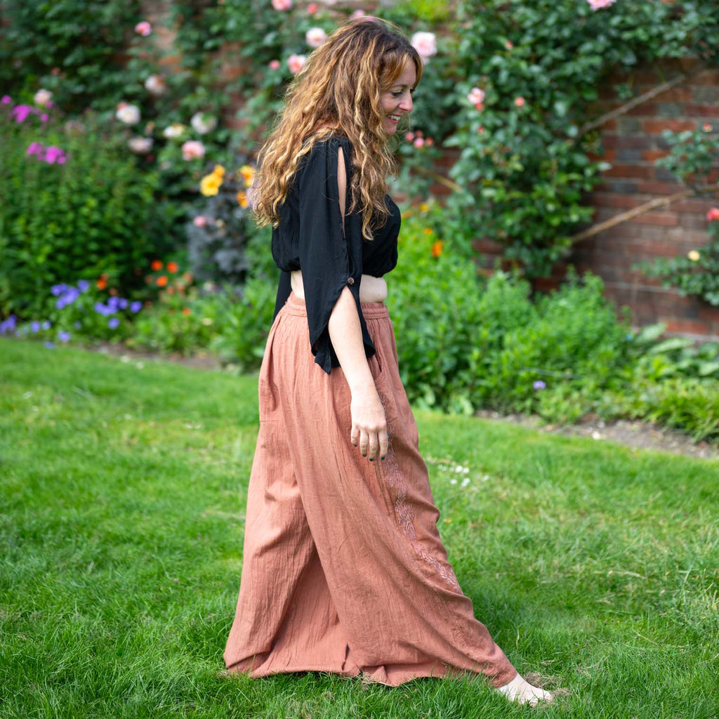 Embroidered Light Cotton Wide-Leg Trousers