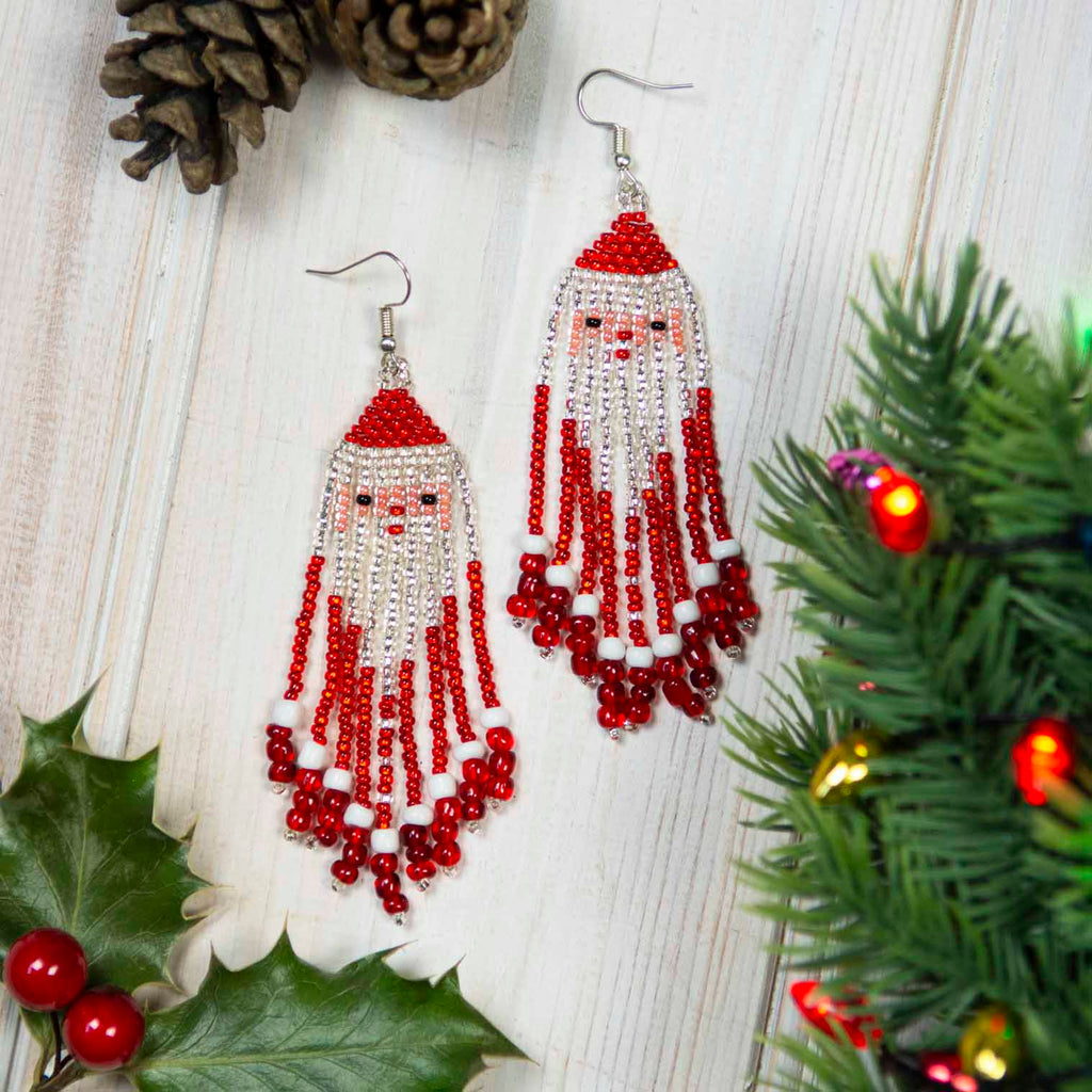Glass Bead Santa Tassel Earrings Large-Siesta Crafts