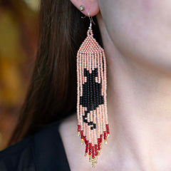 Long Tassel Glass Bead Black Cat Earrings