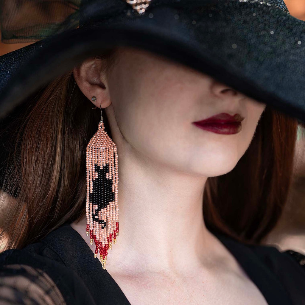 Long Tassel Glass Bead Black Cat Earrings