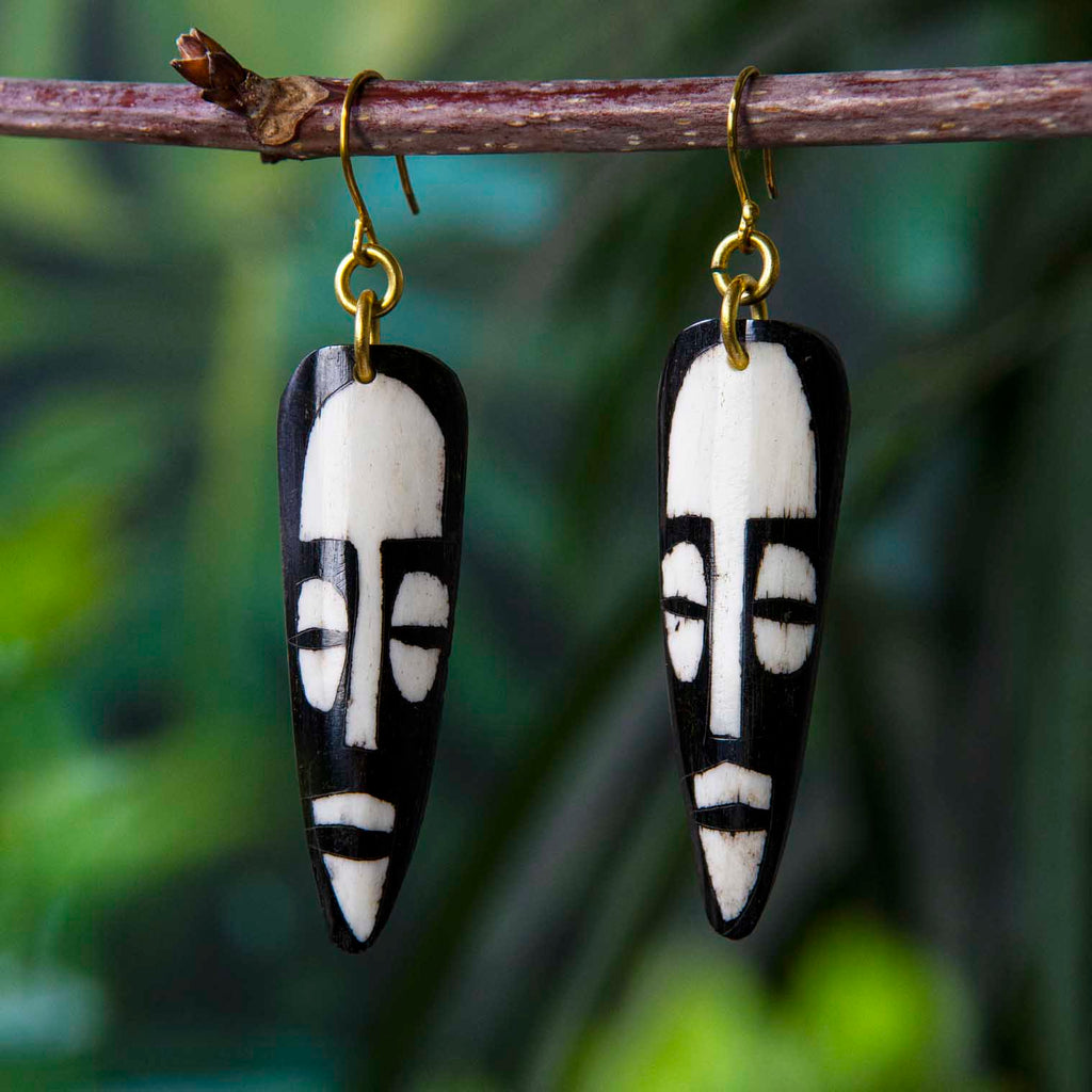 African Mask Batik Bone Earrings-Siesta Crafts