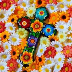 Mexican Painted Ornate Flower Cross-Siesta Crafts