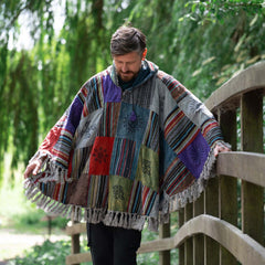 Patch Fringed Poncho Cape