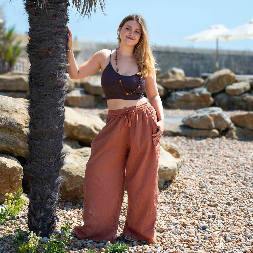 Embroidered Light Cotton Wide-Leg Trousers