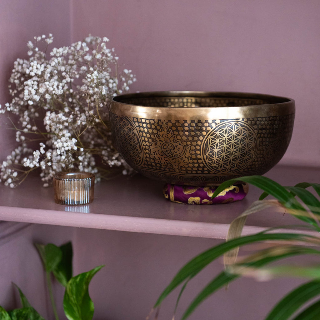 Flower of Life and Conch Etched Singing Bowl No.17-Siesta Crafts