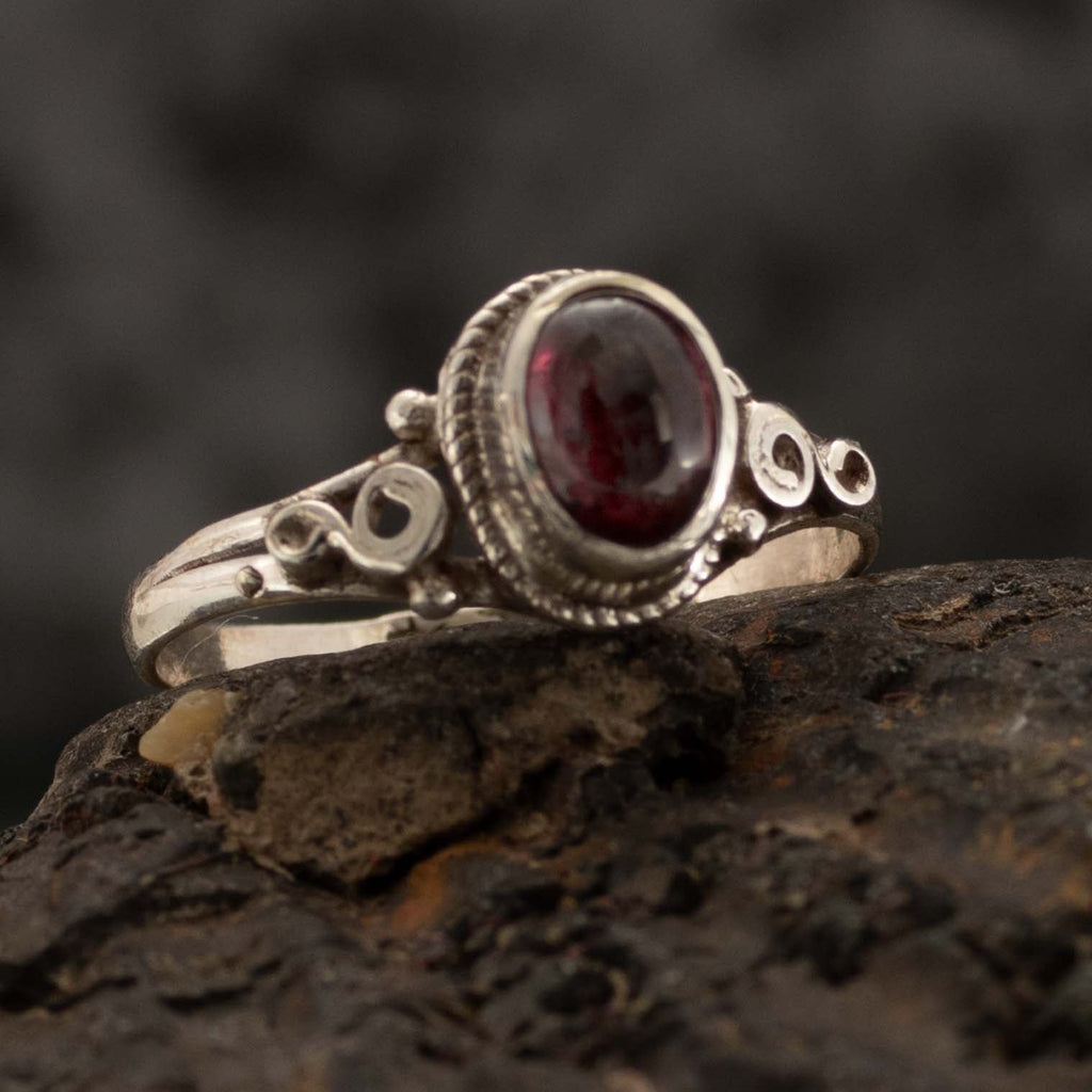 Garnet Spirals Nepalese Silver Ring-Siesta Crafts