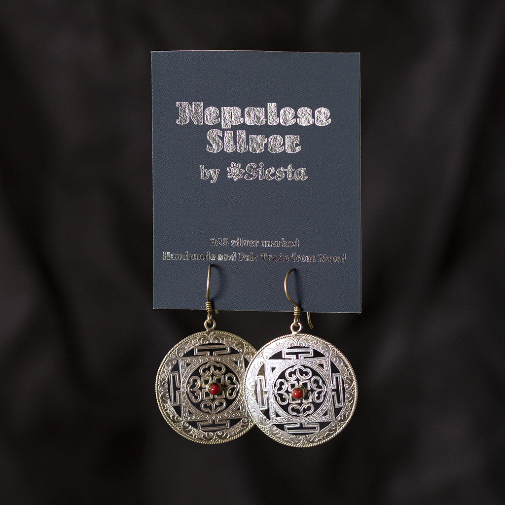 Round Mandala Silver Earrings-Siesta Crafts