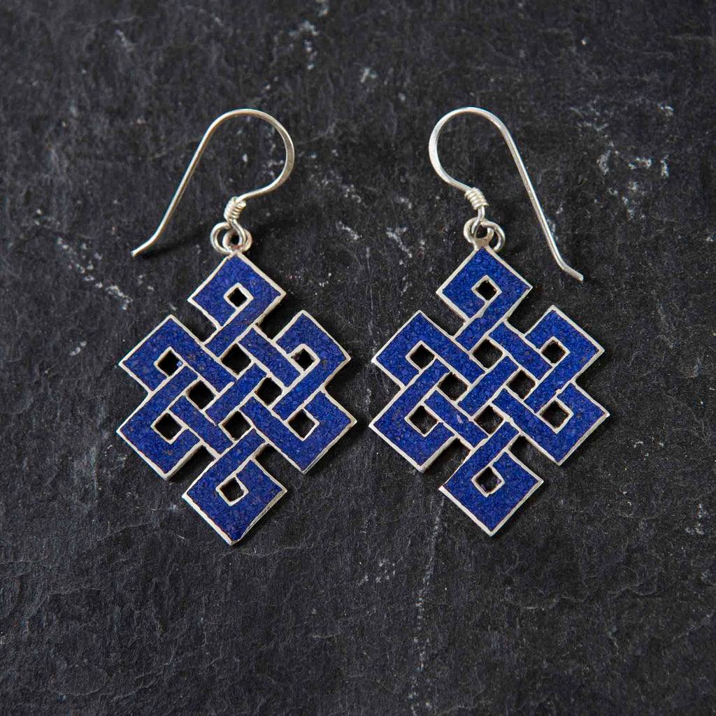 Blue Endless Knot Silver Earrings-Siesta Crafts
