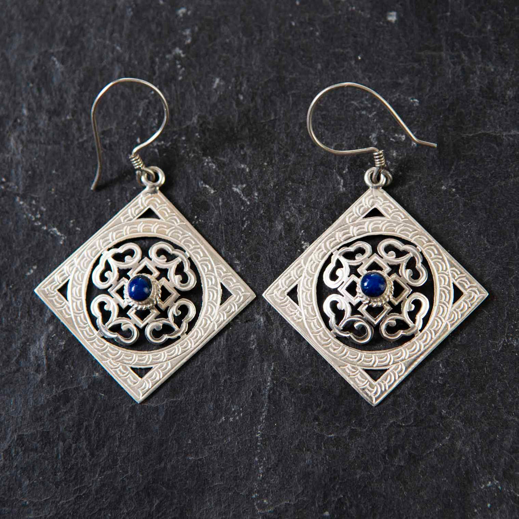 Square Mandala Silver Earrings-Siesta Crafts