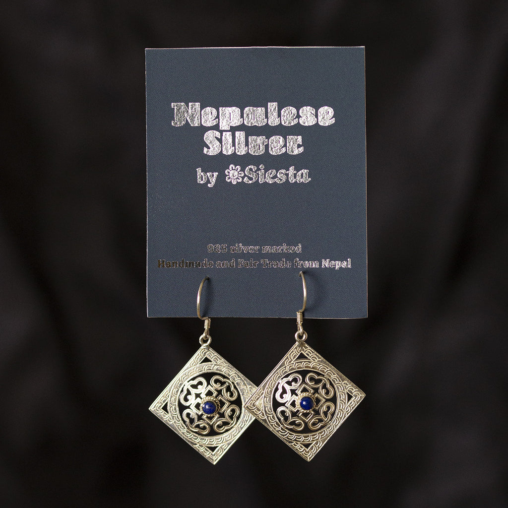 Square Mandala Silver Earrings-Siesta Crafts