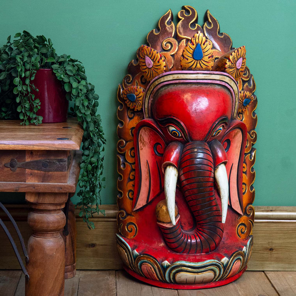 Artisan Ganesh in Wood Carving - Red-Siesta Crafts