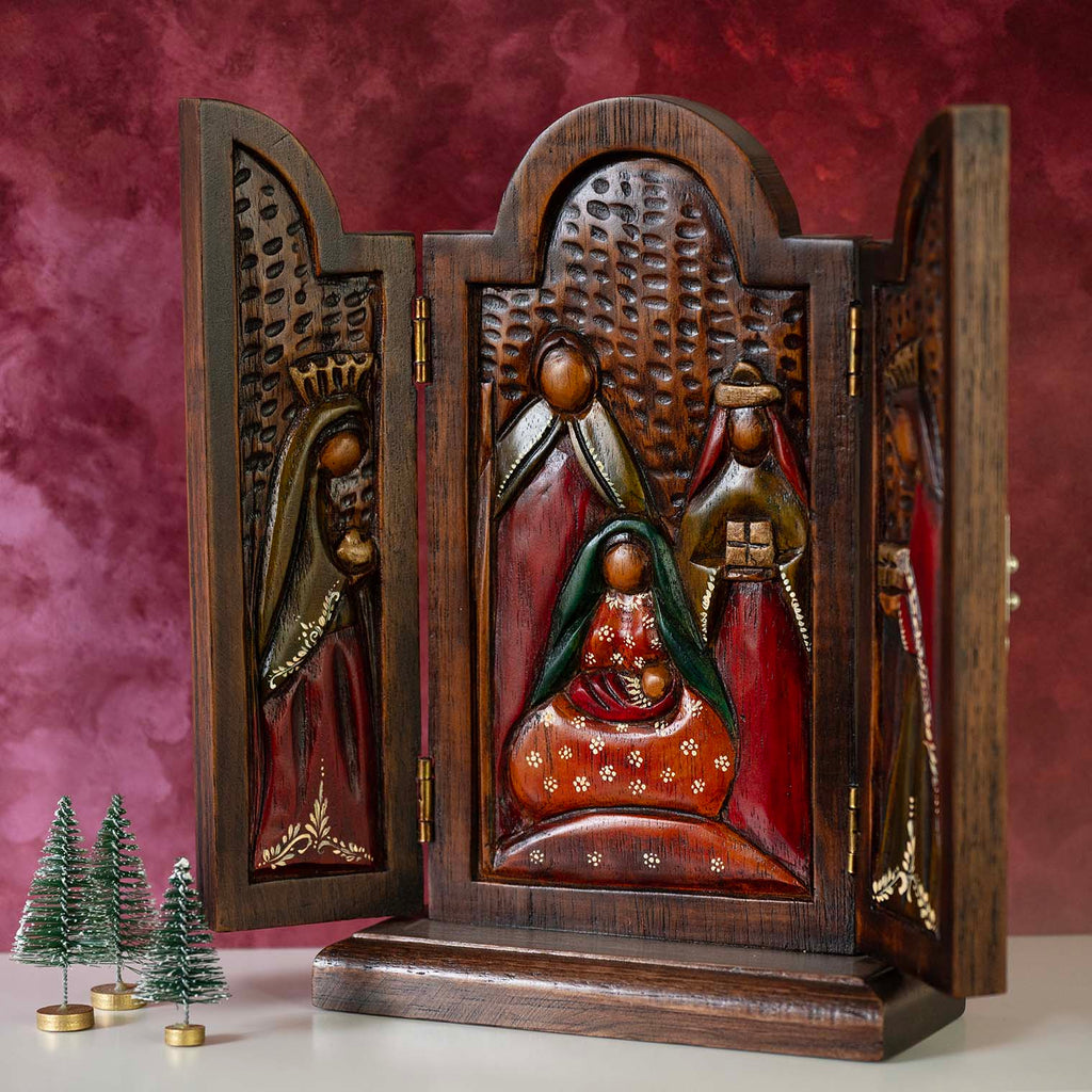 Cedar Wood Nativity Triptych Carving