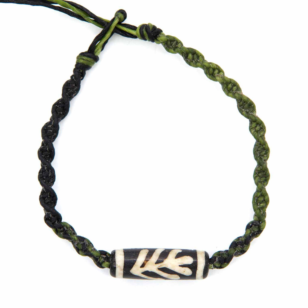 Knotted Cotton and Bone Bead Bracelet - Kelp Green-Siesta Crafts