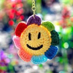 Smiley Face Rainbow Daisy Crochet Keyring-Siesta Crafts