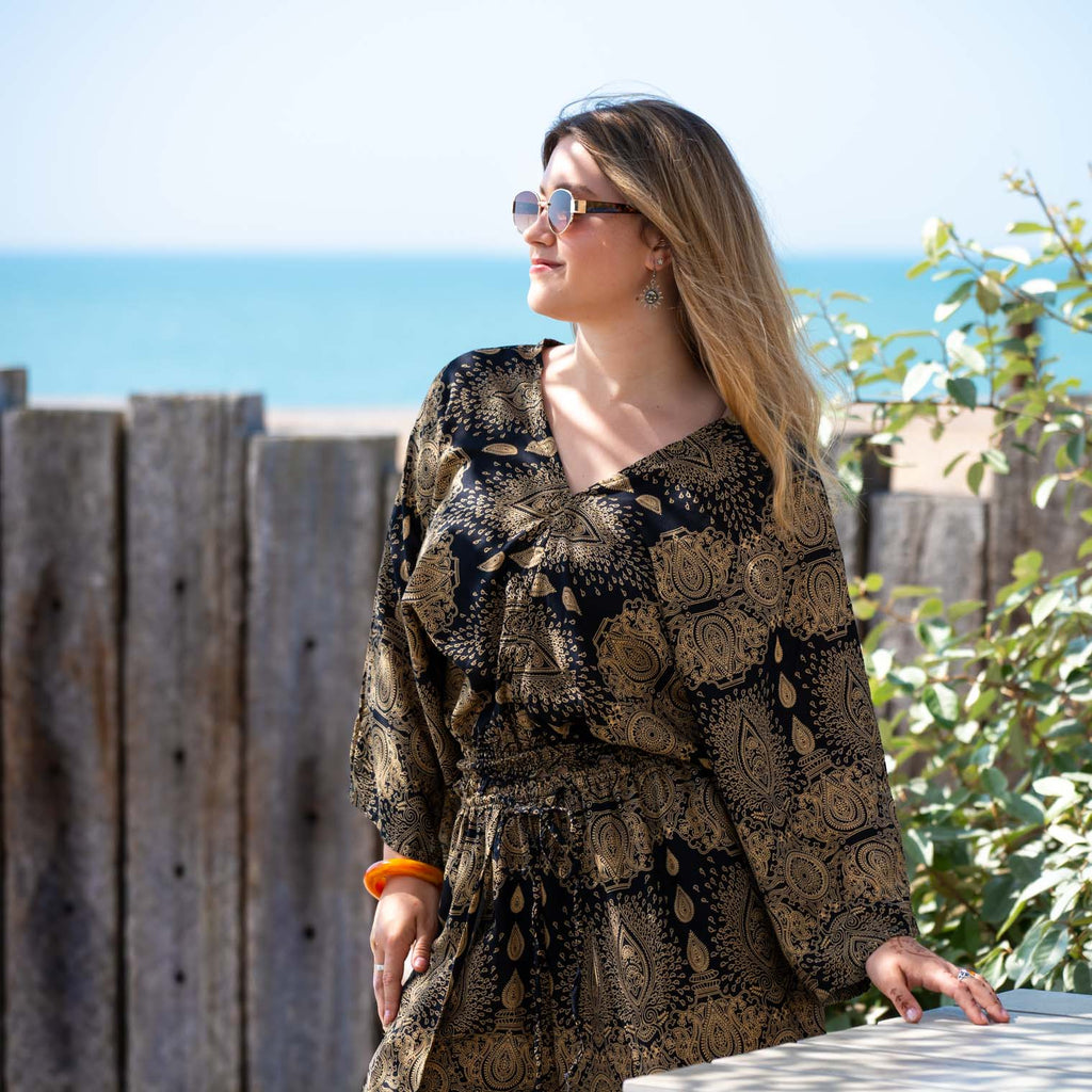 Relaxed Fit V-Neck Top - Black Marquise Mandala