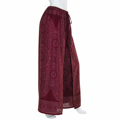 Faux Wrap Wide Leg Trousers - Maroon Orb Mandala