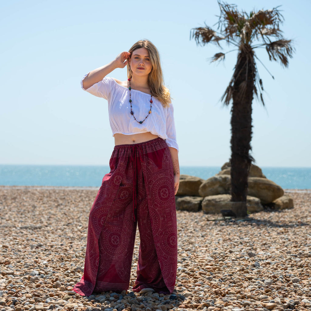 Faux Wrap Wide Leg Trousers - Maroon Orb Mandala