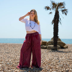 Faux Wrap Wide Leg Trousers - Maroon Orb Mandala