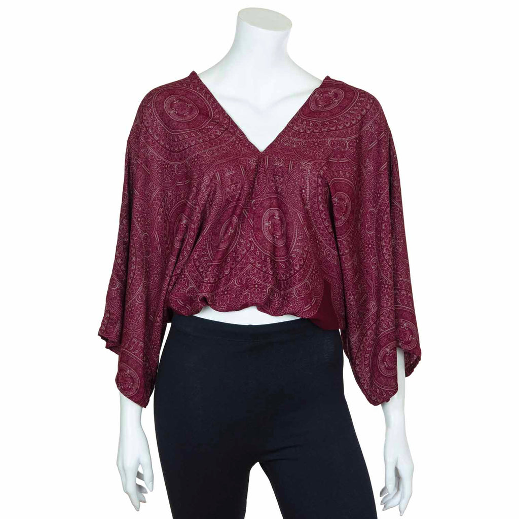 Relaxed Fit V-Neck Top - Maroon Orb Mandala